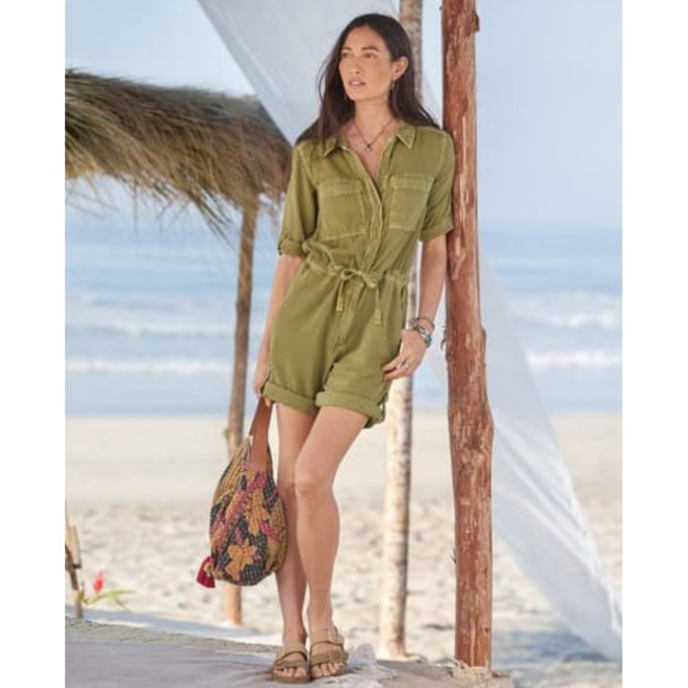Sundance Monroe Utility Jumpsuit‎ Romper Faded Olive Green Drawstring Waist Sz M
